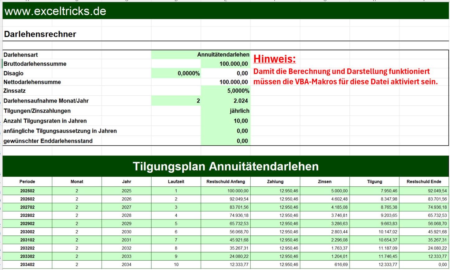 Excel-Vorlage: Darlehensplanung – Tilgung & Verlauf einfach berechnen
