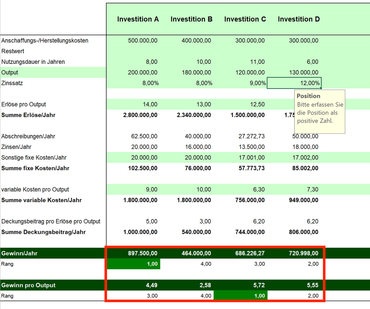 Excel-Vorlage: Gewinnvergleichsrechnung