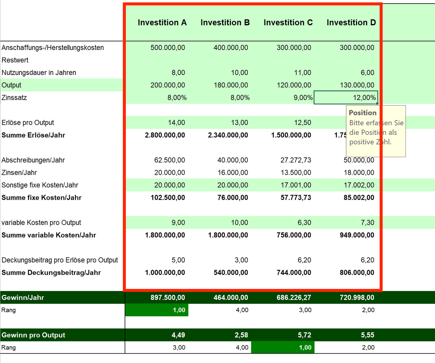 Excel-Vorlage: Gewinnvergleichsrechnung