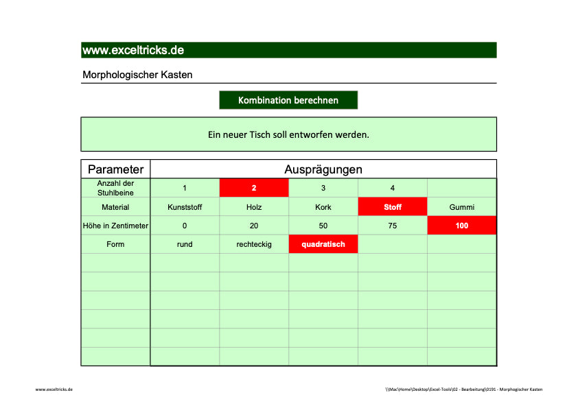 Excel-Vorlage: Morphologischer Kasten