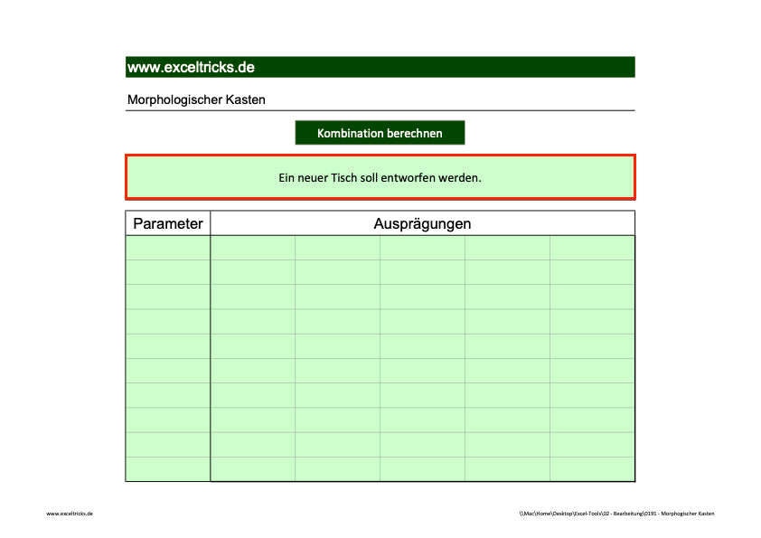 Excel-Vorlage: Morphologischer Kasten