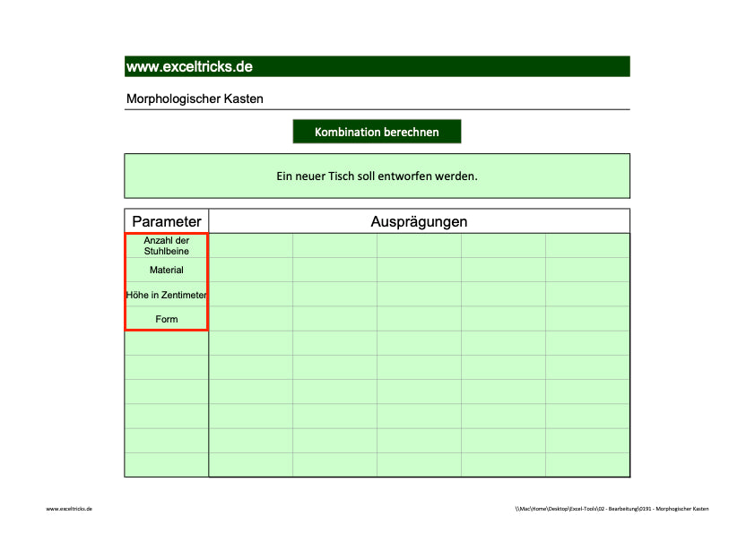 Excel-Vorlage: Morphologischer Kasten