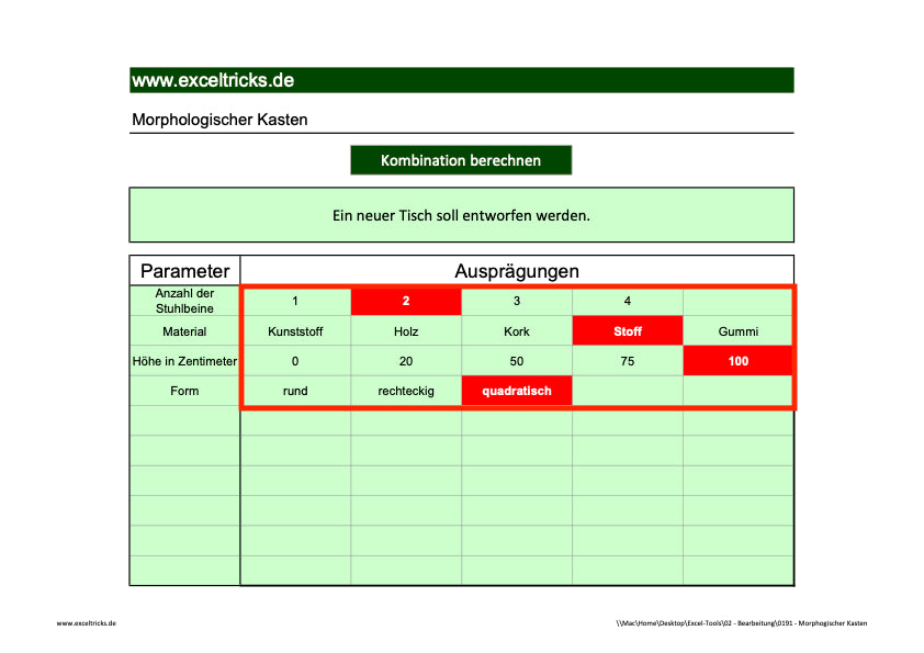 Excel-Vorlage: Morphologischer Kasten