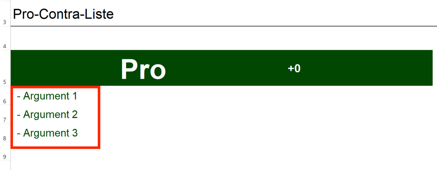Excel-Vorlage: Pro-Contra-Liste