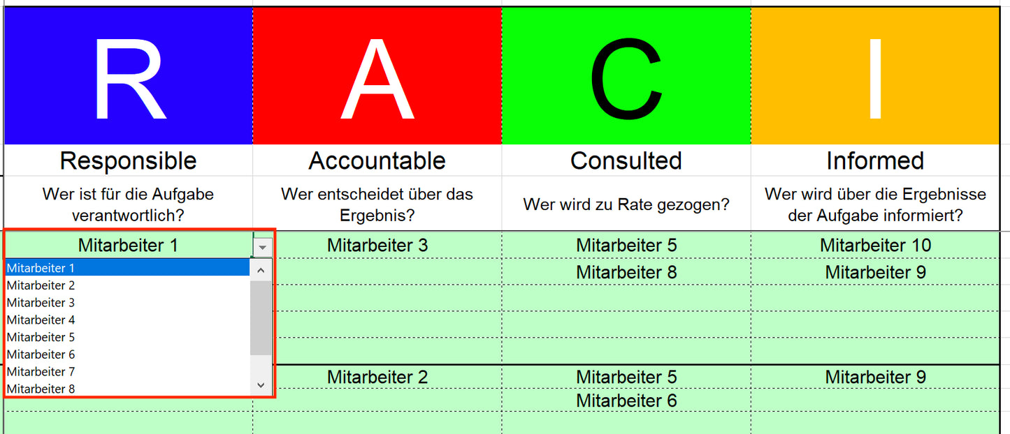 Excel-Vorlage RACI-Matrix – Modell #2 | Projektverantwortlichkeiten übersichtlich zuweisen
